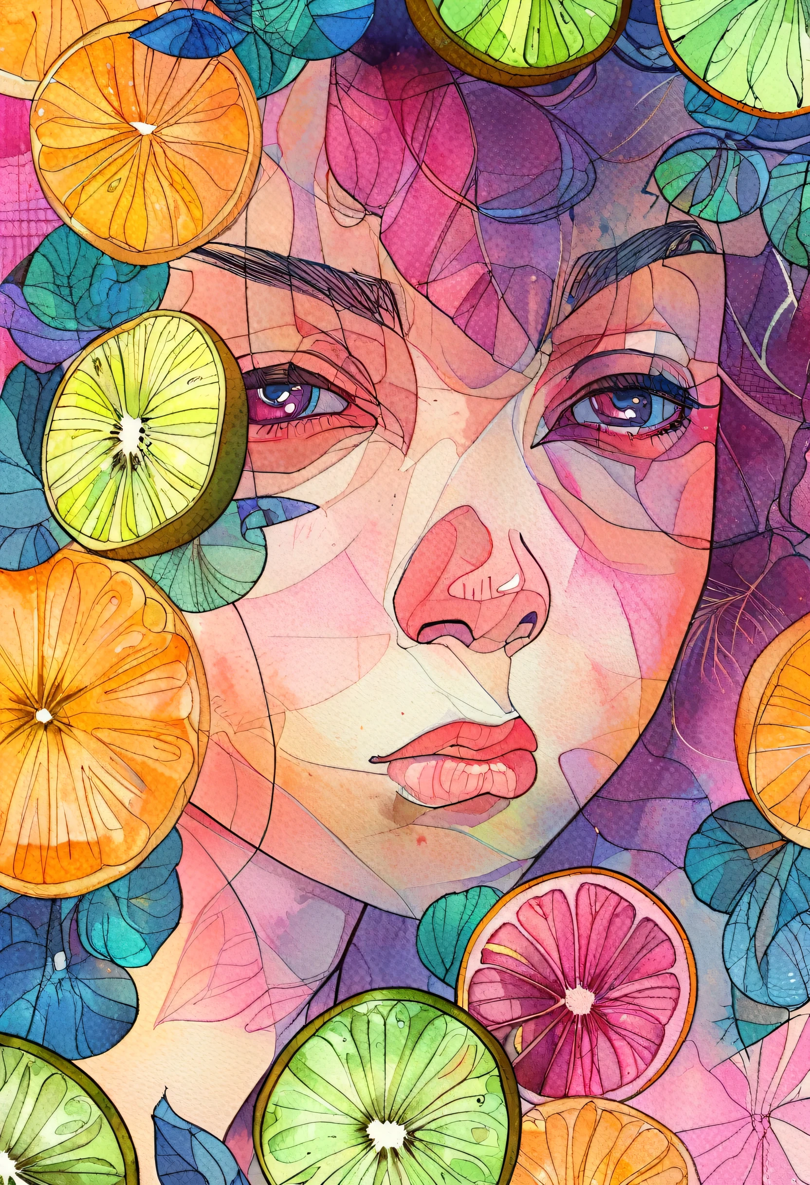 Face Light,Watercolor background:,Daytime,Blurred Background,Two Girls,Takamichi Style, Girl with sour expression after eating kiwi fruit、close your eyes、Raise your eyebrows、Mouth lolling、Pink kiwi fruit background、Highest quality、Masterpiece, style of Diane Dillon, comic art style,
anime art style,