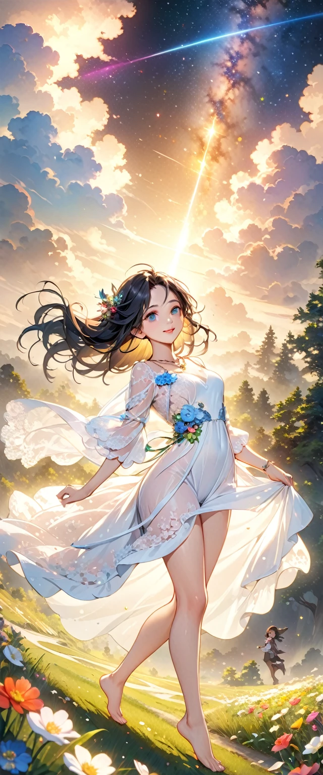 (masterpiece、Highest quality、8k、High resolution)、1 female、Beautiful eyes with slit length、Cute lips、Beautiful Nose、Brownish black hair、smile、(Best anime girl)、Green grassland with forest view、Walking,((Barefoot, off the ground, flying high, high, high, flying and running)),Fantasy art,Colorful flowers blooming in the field,A bright night with the stars clearly visible、milky way、(Mysterious light particles from the whole body、Colorful light particles)、jewelry、necklace、White lace dress、(Beautiful full body style)、Highly detailed anime art、Fantasy art,