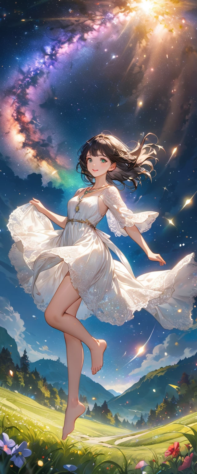 (masterpiece、Highest quality、8k、High resolution)、1 female、Beautiful eyes with slit length、Cute lips、Beautiful Nose、Brownish black hair、smile、(Best anime girl)、Green grassland with forest view、Walking,((Barefoot, off the ground, flying high, high, high, flying and running)),Fantasy art,Colorful flowers blooming in the field,A bright night with the stars clearly visible、milky way、(Mysterious light particles from the whole body、Colorful light particles)、jewelry、necklace、White lace dress、(Beautiful full body style)、Highly detailed anime art、Fantasy art,