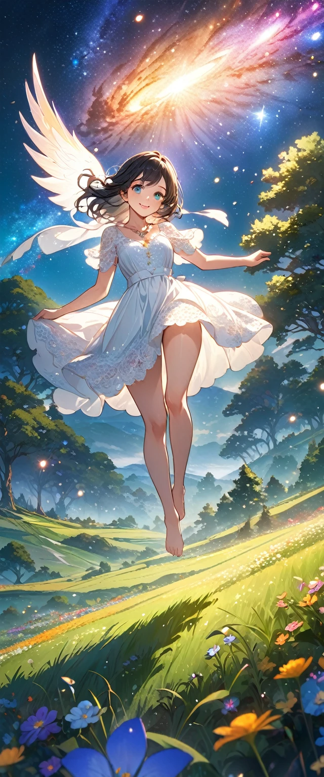 (masterpiece、Highest quality、8k、High resolution)、1 female、Beautiful eyes with slit length、Cute lips、Beautiful Nose、Brownish black hair、smile、(Best anime girl)、Green grassland with forest view、Walking,((Barefoot, off the ground, flying high, high, high, flying and running)),Fantasy art,Colorful flowers blooming in the field,A bright night with the stars clearly visible、milky way、(Mysterious light particles from the whole body、Colorful light particles)、jewelry、necklace、White lace dress、(Beautiful full body style)、Highly detailed anime art、Fantasy art,