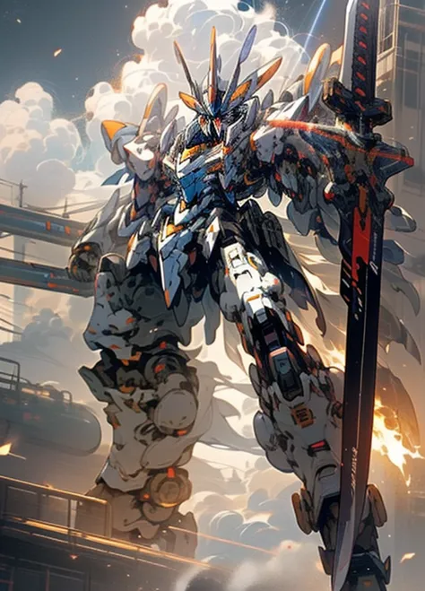 超High resolution, High detail,8k, Highest quality ,masterpiece, zero, cloud, Weapons in hand ,(Has a huge weapon: 1.5),Beam saber、Carrying a large weapon on his back, 浮かぶroboT、(roboTの前に立つパイロット:1.5), flash, roboT, building, Shine_eye, Black Mecha, science_fiction, Hong Kong City, Realistic,Mecha、Impressive、Impressive、A delicate touch、(Touch from the front:1.2)、roboT大戦、Mecha, Flight, Funnel, Mecha Ship,(whole body), (Black Mecha: 1.8), (axial symmetry: 1.4), (High resolution), (Bazooker), Shining Eye, nice, sf, fire, universe, Oversized shield, With the beam of a laser cannon, bio, Conflict, Impressive、In space