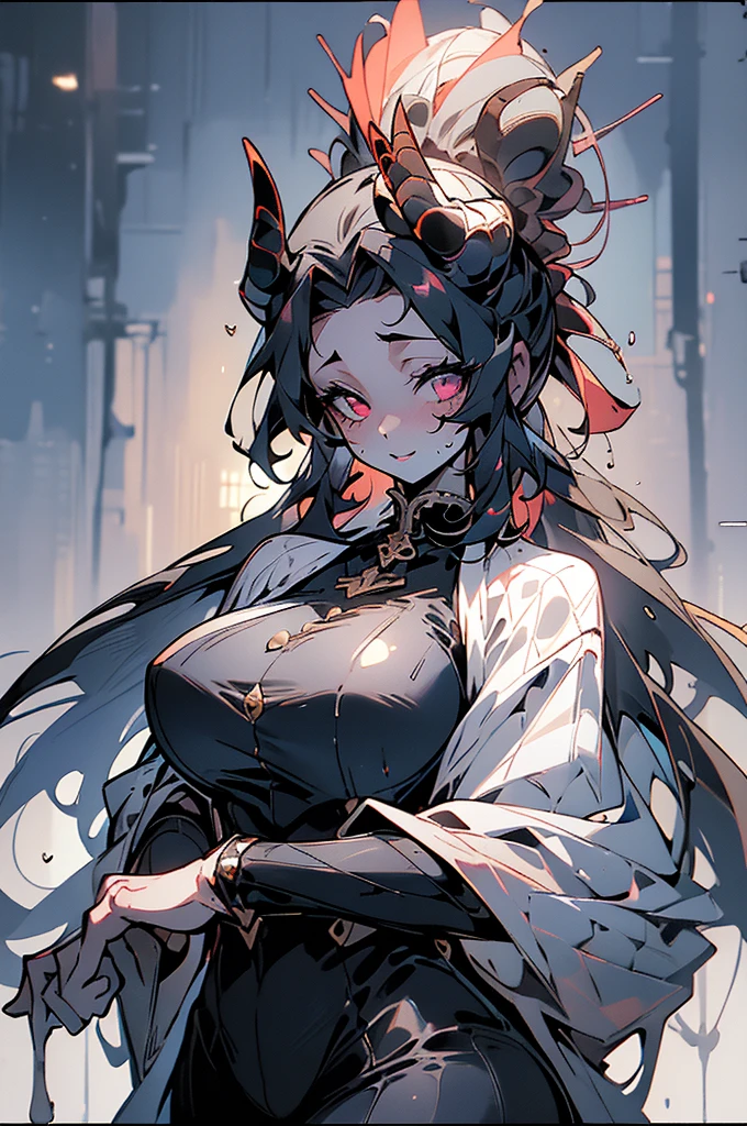 ((((High resolution, Intricate details, masterpiece, 8k, from front, Full Color)))), (((beautiful, Big horns, dress, Big Breasts, Large Breasts, Huge Saggy Tits, tights))), ((One Woman, Big Breasts, Large Breasts, Huge Saggy Tits, Sweat, Wet Skin)), (Black Hair, Beautiful forehead, Long Hair, ponytail, Big ribbon, Glowing Skin), from front, looking at viewer, look at viewer, Bright room,