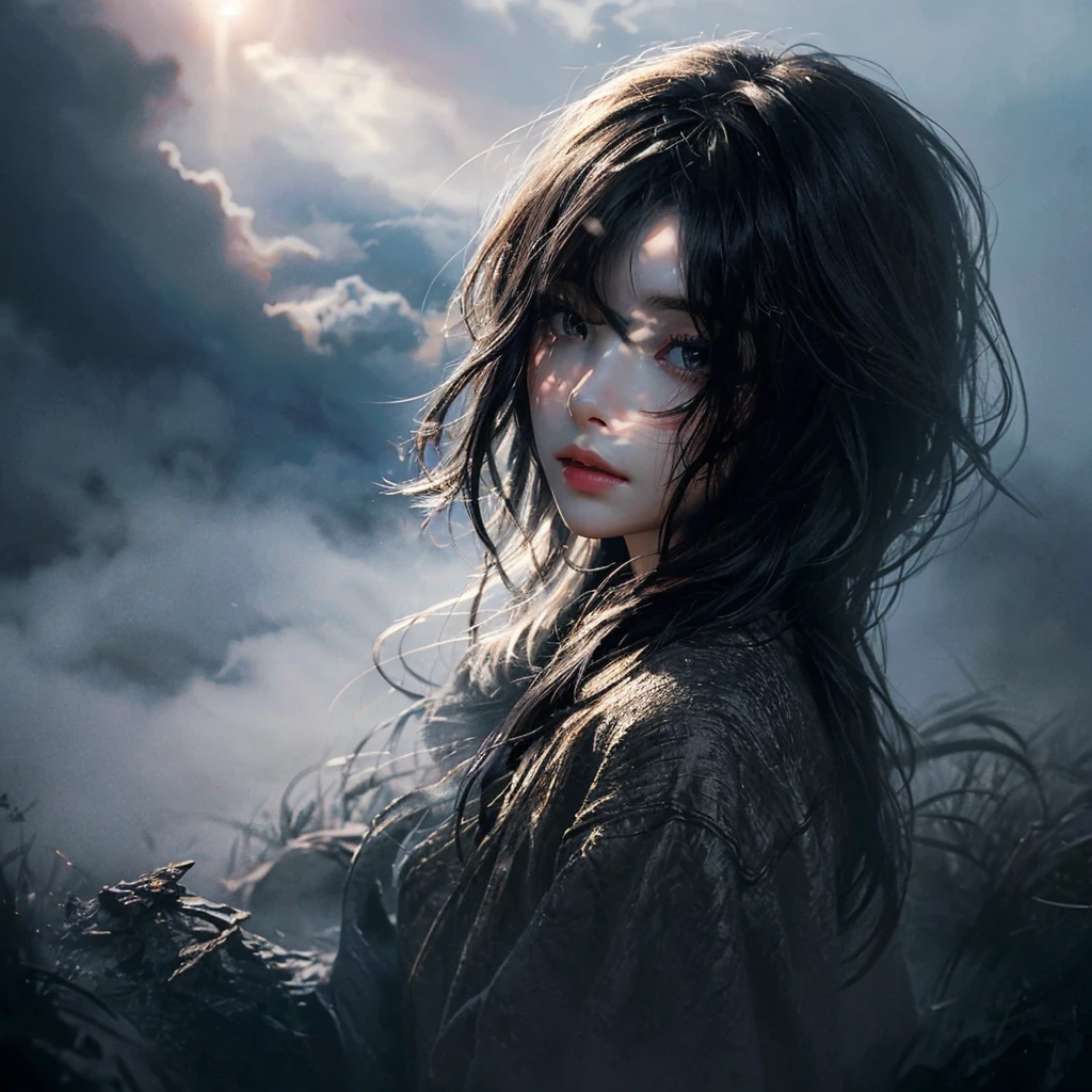 best quality, masterpiece, sunlight passing through hair, 1girl, fantasy, EGirlMakeup, short dark black hair, (fog:1.3)