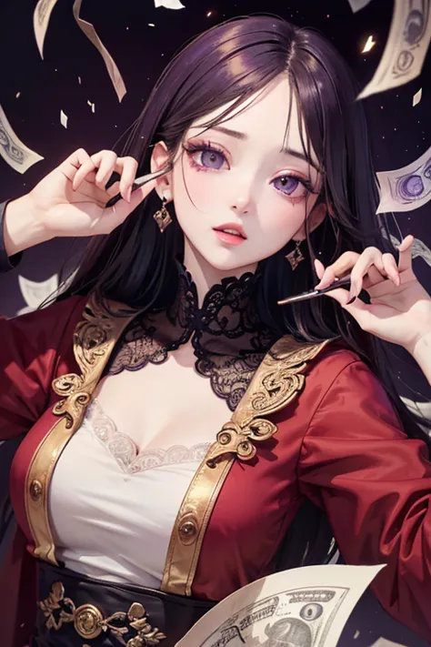 Highest quality、masterpiece、High sensitivity、High resolution、Detailed Description、Slender women、Heavy makeup、Rouge is spilling out、Eyeshadow is purple、Banknotes falling from the sky、