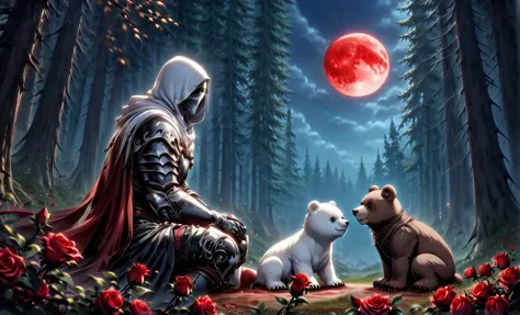 male knight with a white hood with polar bear ears and a sword behind his back sits towards a baby polar bear and a baby brown b...