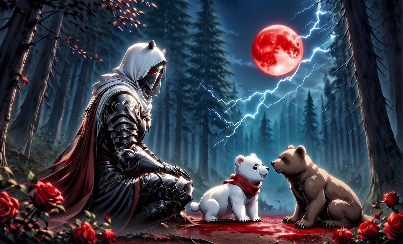 Male knight with a white hood with polar bear ears and a sword behind his back sits towards a baby polar bear and a baby brown bear in a forest his head leans against a tree his legs are angled forward while the moon shines, many Roses cover the ground and lightning falls from the sky. The baby polar bear plays with the baby brown bear while the knight enjoys watching them. Only the man wears a red blindfold. In the background of the picture is the blood moon and a tree has fallen down in the path. The forest is full of trees with leaves. The armor of the man is black and red roses decorate it. The sky is full of stars. The knight looks thoughtful into the sky. The polar bear baby wears a red scarf. The knight sits on a staple of books.