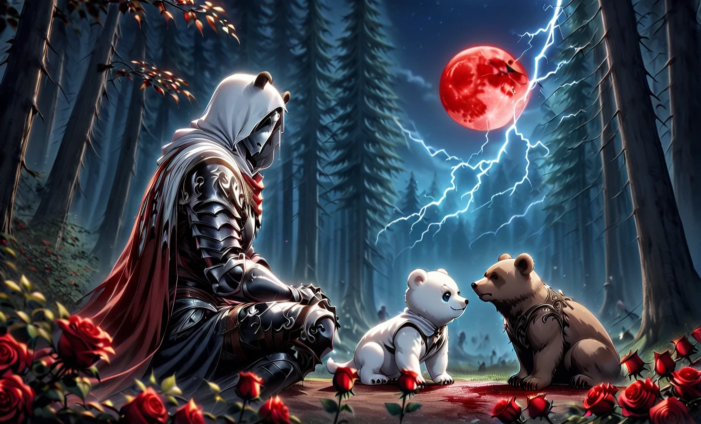 Male knight with a white hood with polar bear ears and a sword behind his back sits towards a baby polar bear and a baby brown bear in a forest his head leans against a tree his legs are angled forward while the moon shines, many Roses cover the ground and lightning falls from the sky. The baby polar bear plays with the baby brown bear while the knight enjoys watching them. Only the man wears a red blindfold. In the background of the picture is the blood moon and a tree has fallen down in the path. The forest is full of trees with leaves. The armor of the man is black and red roses decorate it. The sky is full of stars. The knight looks thoughtful into the sky. The polar bear baby wears a red scarf. The knight sits on a staple of books.