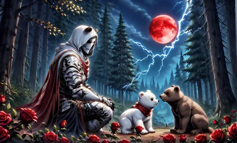 male knight with a white hood with polar bear ears and a sword behind his back sits towards a baby polar bear and a baby brown b...