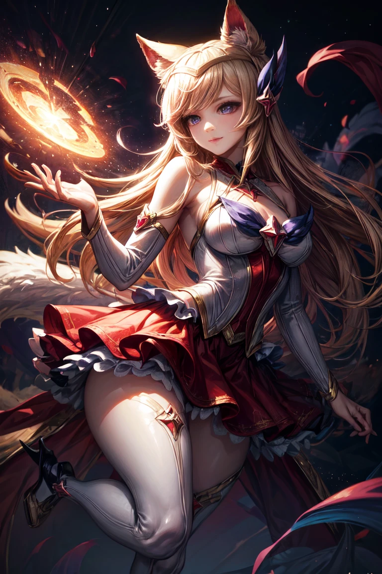 (masterpiece, best quality:1.2), Intricate details, Star Guardian Ahri, 1 Girl, Animal ears, Hair accessories, Separate sleeves, Bare shoulders, skirt, Magical girl, Multi-tail, Blonde Hair, A faint smile，Stockings，Big Breasts，White high heels，headband，whole body，（long hair： 1.5 ）、Bare shoulders、、Camera facing the audience，Sexy pose