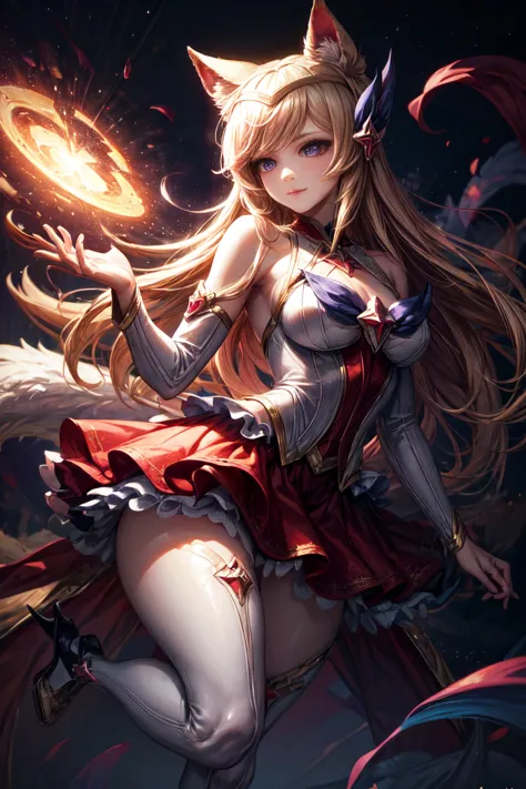 (masterpiece, best quality:1.2), intricate details, star guardian ahri, 1 girl, animal ears, hair accessories, separate sleeves,...