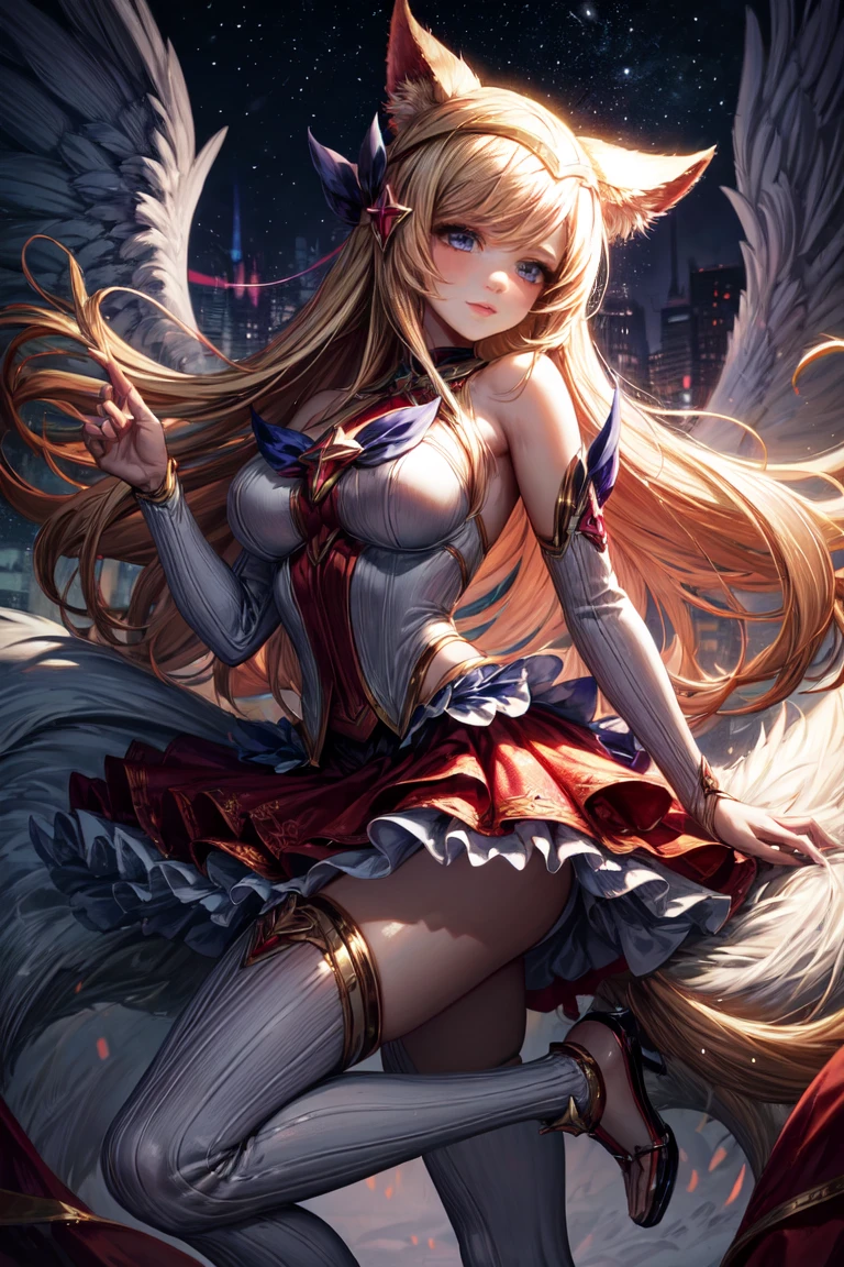 (masterpiece, best quality:1.2), Intricate details, Star Guardian Ahri, 1 Girl, Animal ears, Hair accessories, Separate sleeves, Bare shoulders, skirt, Magical girl, Multi-tail, Blonde Hair, A faint smile，Stockings，Big Breasts，White high heels，headband，whole body，（long hair： 1.5 ）、Bare shoulders、、Camera facing the audience，Sexy pose