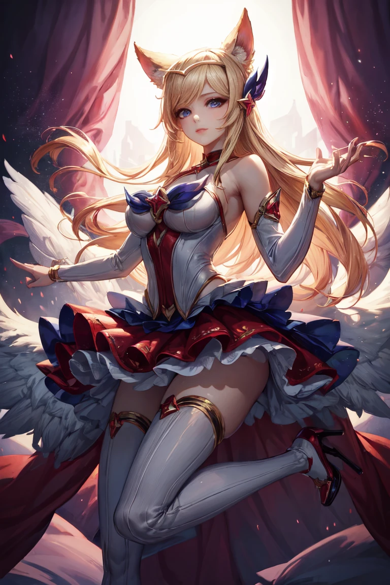 (masterpiece, best quality:1.2), Intricate details, Star Guardian Ahri, 1 Girl, Animal ears, Hair accessories, Separate sleeves, Bare shoulders, skirt, Magical girl, Multi-tail, Blonde Hair, A faint smile，Stockings，Big Breasts，White high heels，headband，whole body，（long hair： 1.5 ）、Bare shoulders、、Camera facing the audience，Sexy pose