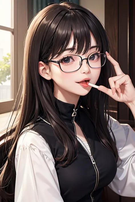 highest quality、masterpiece、high sensitivity、high resolution、detailed description、slender women、glasses、stick your tongue out、wi...