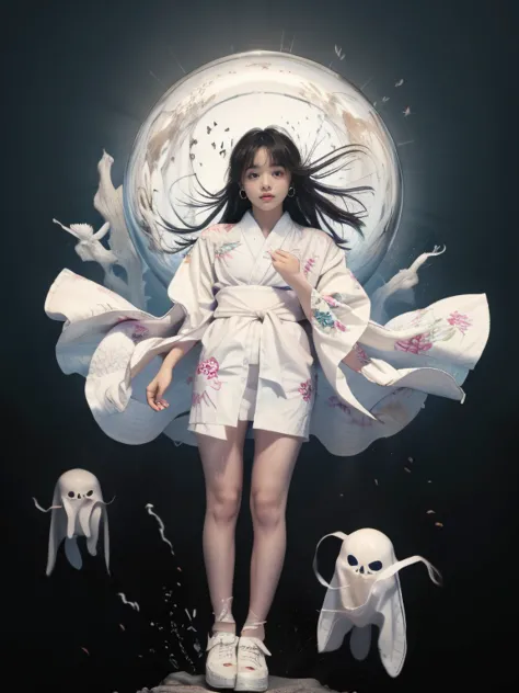 full body display、horror films、ghost、ghost、wearing a white kimono、one woman、see-through from the waist down、her legs are too tra...