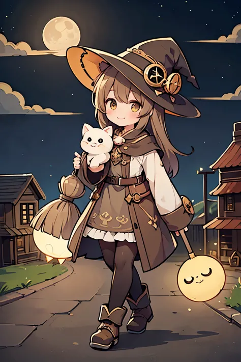 (highest quality:1.2)。steampunkai。one girl。little cute witch。long light brown fluffy hair。carry a broom on your shoulder。smiling...