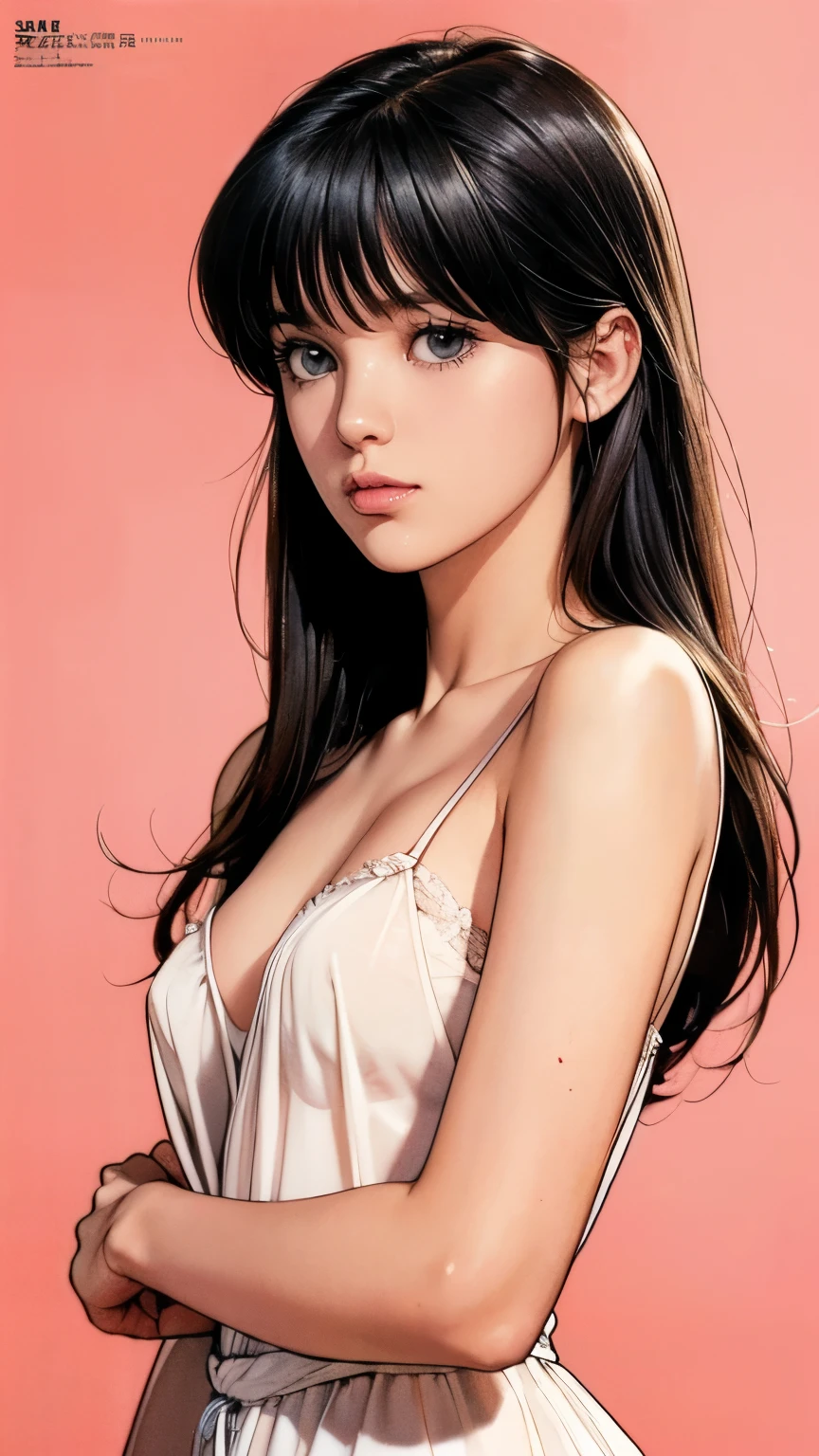 (Tabletop, Highest quality, High resolution:1.5, Anime Color, Megami Magazine:1.2, Anime poster style, Anime key visual, sharp, 8k, Realistic), (Beautiful attention to detail:1.5, Beautifully detailed face:1.2), Madoka Ayukawa, One girl, blush, (Black Hair, Long Hair),  (negligee:1.2), Upper Body, (Perfectly detailed anatomy, Beautiful detailed hair, Beautiful and exquisite body:1.2, Glowing Skin), (Thick outline, Beautiful contours, Black outline), Simple Background:1.5