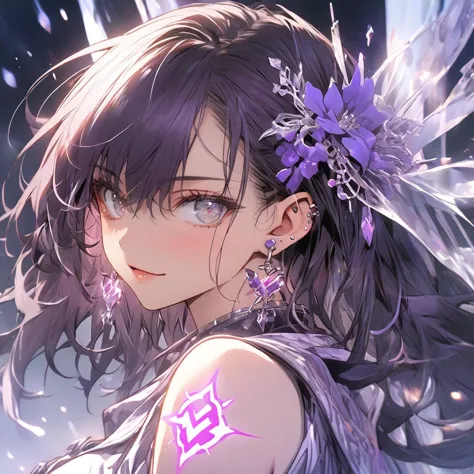 gal，earrings，,luminous tattoo,long dark purple hair,silver eyes