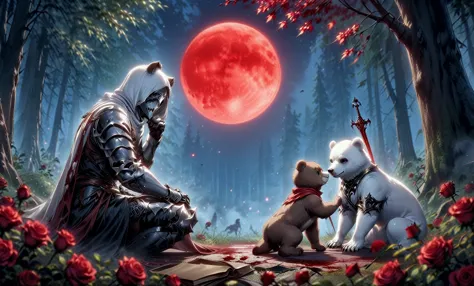 male knight with a white hood with polar bear ears and a sword behind his back sits towards a baby polar bear and a baby brown b...