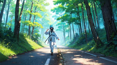 highest quality、highest quality、male、juvenile、black hair、walking along a path in the forest、wearing a light blue mask on his hea...