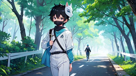 highest quality、highest quality、male、juvenile、black hair、walking along a path in the forest、wearing a light blue mask on his hea...