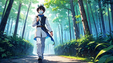 highest quality、highest quality、male、juvenile、black hair、walking along a path in the forest、wearing a light blue mask on his hea...