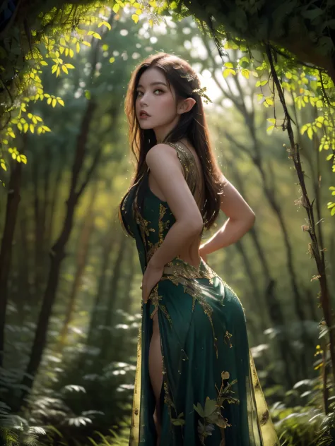 a dramatic low angle shot of a female elf warrior, hands on hips, enchanted forest中黄昏天空的映衬. this painting exudes an undeniable a...