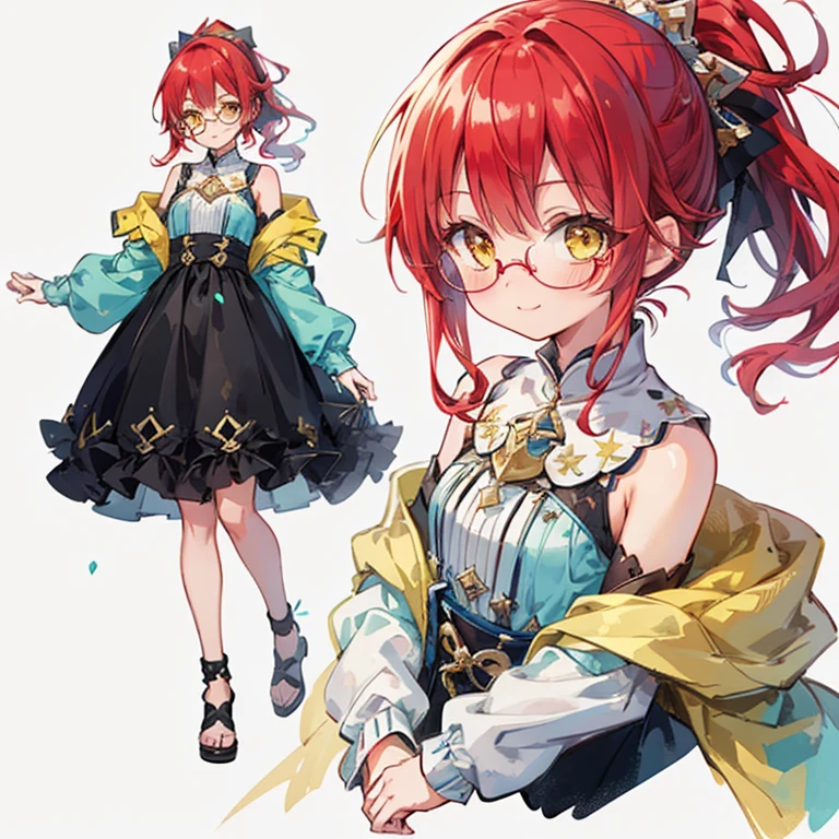 1 girl, (masterpiece, highest quality),(Detailed Hair), Super detailed, Anime Style, whole body ,cute, whole bodyきぐるみ, red hair ponytail、yellow eyes, Digital Painting, 8K High Resolution, whole body, White Background, static pose, static composition, smile, pastel color, crystals, lazy and tired, ((glasses)), (((cozy)))