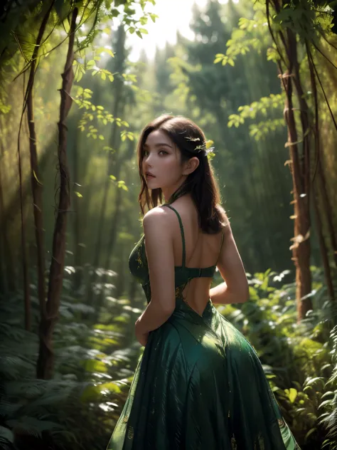 a dramatic low angle shot of a female elf warrior, hands on hips, enchanted forest中黄昏天空的映衬. this painting exudes an undeniable a...