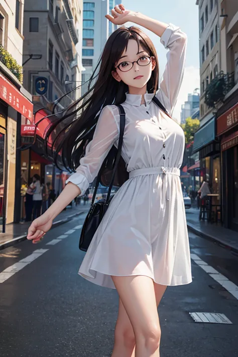 highest quality、masterpiece、high sensitivity、high resolution、detailed description、slender women、glasses、stretching oneself、with ...