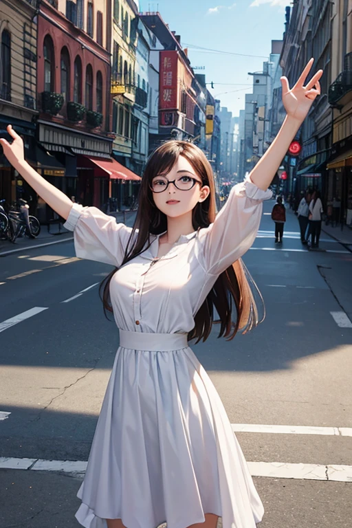 Highest quality、masterpiece、High sensitivity、High resolution、Detailed Description、Slender women、Glasses、Stretching oneself、With open arms、Pedestrian precinct、