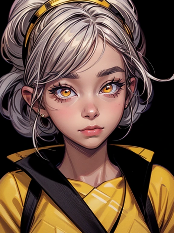 mksks style, 1girl, cute, surrounded by yellow lighting, gold eyes, white hair, black background, closeup, no smile, masterpiece, ultra detailed