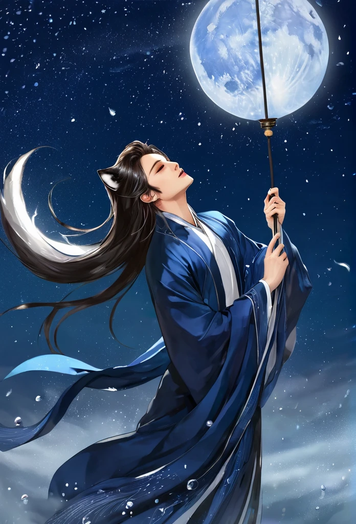 night,Starry Sky,Water droplets suspended in the air,as if stopped，beauty,Handsome nine-tailed fox handsome guy,long hair shawl,Perfect body,Wearing Xianxia long-sleeved suit,Holding a folding fan in his hand,As if falling from the sky,