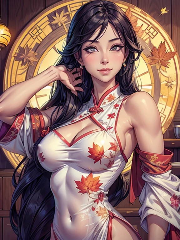 Best Quality, Masterpiece, Ultra High Resolution, (Realistic: 1.4), Xiuxian, Smiling, Shy, Belly Button, Delicate Makeup, Gorgeous Jewelry, Horse Face Dress, Detail Face,, 1 girl, white clothes, lotus print, maple leaf print, solo, weapon, (magic circle: 1.2), Xiuxian, upper body, beautiful girl, half-body, East Asian architecture, sheath, construction