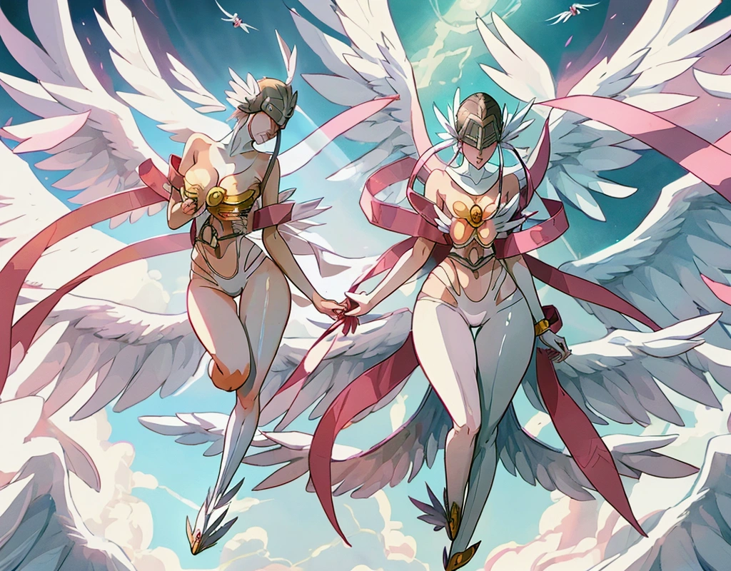 Angewomon, flying,((Generous neckline, Wide hips, long legs, beautiful mouth))), (multiple angel wings, warm light, light source top right), (((perfect body))), (((artwork, professional illustration, 8k, camera up)))