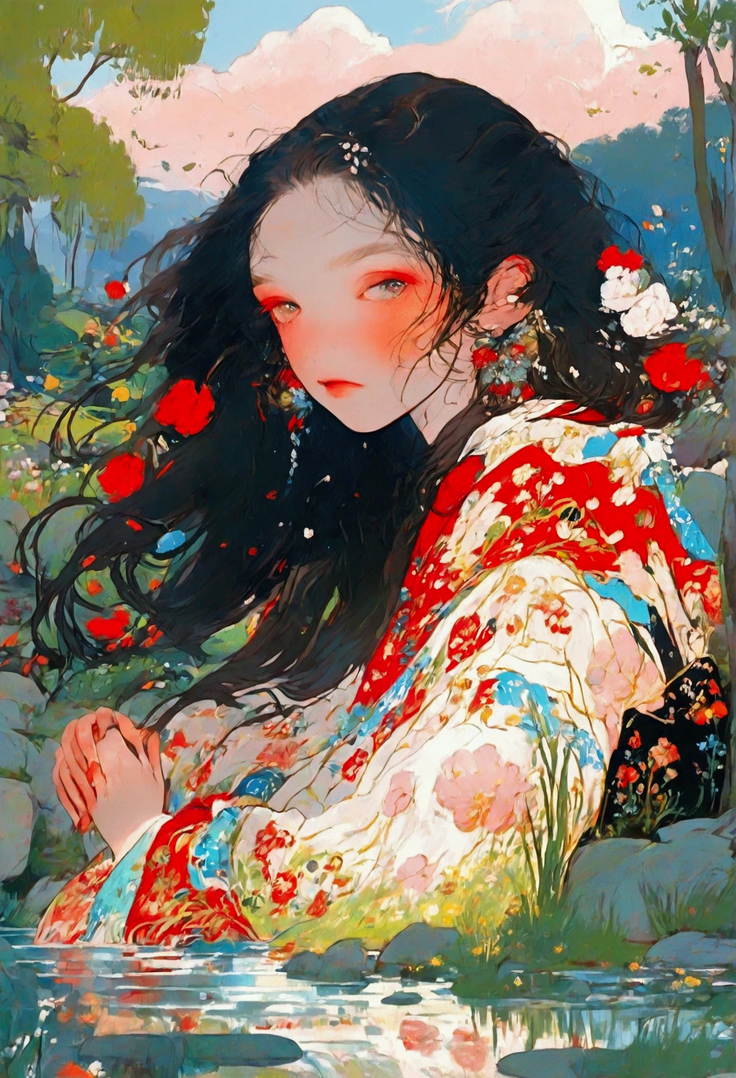 beautiful woman, (((full body))), ((background outdoor)), (best quality), 1girl, solo, curtains, a young woman with long black hair, red hair , White eyes with red pupils stare at sky, A woman is sitting with her eyes closed, looking relaxed as she soaks her feet in a gentle stream. The atmosphere is warm and beautiful, with a vast sky overhead. Surrounding her are blooming flowers and lush trees, creating a serene and peaceful scene.