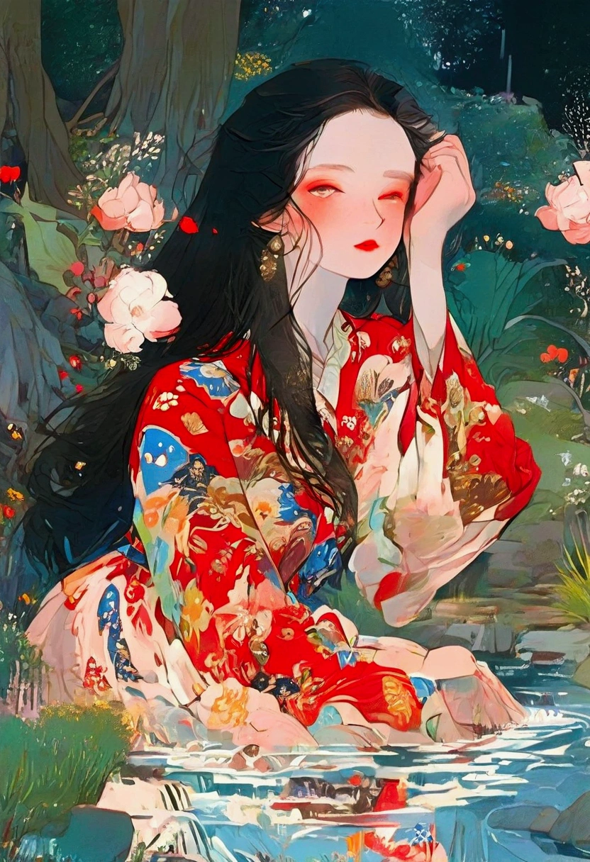 beautiful woman, (((full body))), ((background outdoor)), (best quality), 1girl, solo, curtains, a young woman with long black hair, red hair , White eyes with red pupils stare at sky, A woman is sitting with her eyes closed, looking relaxed as she soaks her feet in a gentle stream. The atmosphere is warm and beautiful, with a vast sky overhead. Surrounding her are blooming flowers and lush trees, creating a serene and peaceful scene.