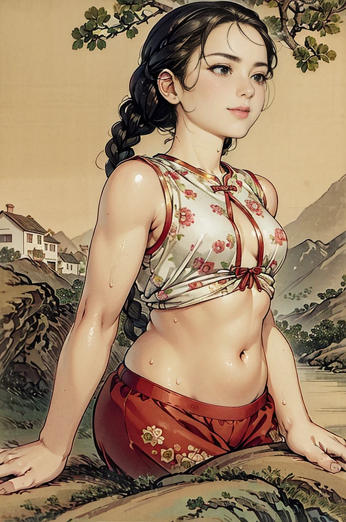 (((best quality))), (((ultra detailed))), (((masterpiece))), illustration,((1 beautiful young girl,solo)),((short hair,braids)),(detailed eyes:1.3),((blush,sweat,wet)),(smile:1.3),((slim,thin)),(healthy, vitality),((small breasts,flat chest)),(red floral sheer singlet:1.3),(navel:1.2),(red floral sheer shorts:1.3),(slender legs:1.2),(sitting on the rock:1.3),(On the riverbank:1.3),fresh wind,delicate,(holding a basin filled with clothes:1.3),vibrant colors,graceful, enchanting,hard work,cornfields,bright sunlight,(detailed background:1.3), vivid wildflowers, various colors, petals, fragrant, scent, flavor,houses in the distance, Chinese-style, green mountains, (clear water of river:1.3), eaves, harmonize, natural, environment, vegetable gardens, orchards, harvest, tranquility, naturalness,beauty, labor, blooming,(rural scape:1.3),(outdoor:1.3),(day scene:1.3),((summer, afternoon)), (countryside:1.3),((from front,upper body))