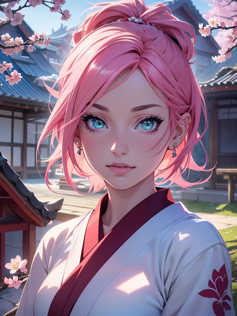 1girl, pink short hair, green eyes, beautiful detailed eyes, beautiful detailed lips, extremely detailed face and portrait, long eyelashes, anime girl, sakura haruna, japanese anime character, kishimoto, japanese anime style, (best quality,4k,8k,highres,masterpiece:1.2),ultra-detailed,(realistic,photorealistic,photo-realistic:1.37),studio lighting,digital painting,vibrant colors,warm lighting,cherry blossom,sakura trees,japanese garden,kawaii