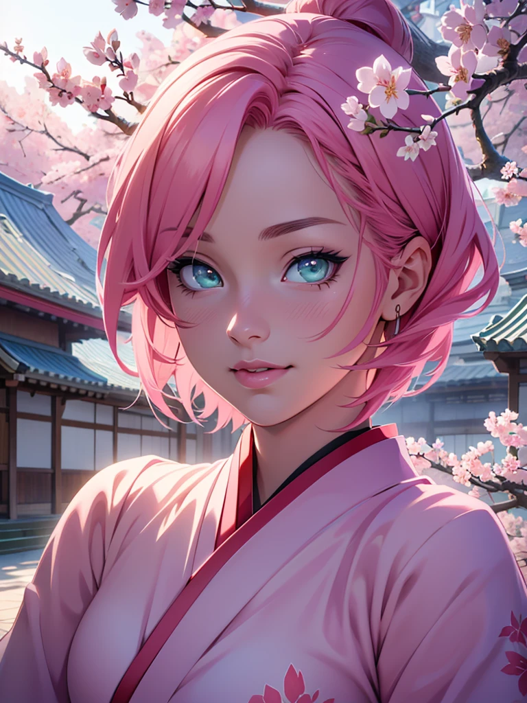 1girl, pink short hair, green eyes, beautiful detailed eyes, beautiful detailed lips, extremely detailed face and portrait, long eyelashes, anime girl, sakura haruna, japanese anime character, kishimoto, japanese anime style, (best quality,4k,8k,highres,masterpiece:1.2),ultra-detailed,(realistic,photorealistic,photo-realistic:1.37),studio lighting,digital painting,vibrant colors,warm lighting,cherry blossom,sakura trees,japanese garden,kawaii