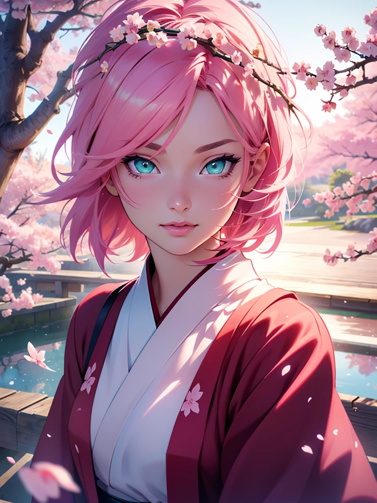 1girl, pink short hair, green eyes, beautiful detailed eyes, beautiful detailed lips, extremely detailed face and portrait, long eyelashes, anime girl, sakura haruna, japanese anime character, kishimoto, japanese anime style, (best quality,4k,8k,highres,masterpiece:1.2),ultra-detailed,(realistic,photorealistic,photo-realistic:1.37),studio lighting,digital painting,vibrant colors,warm lighting,cherry blossom,sakura trees,japanese garden,kawaii