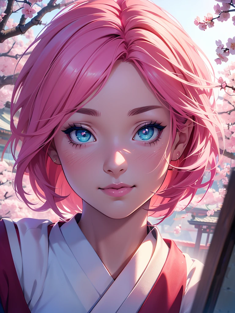 1girl, pink short hair, green eyes, beautiful detailed eyes, beautiful detailed lips, extremely detailed face and portrait, long eyelashes, anime girl, sakura haruna, japanese anime character, kishimoto, japanese anime style, (best quality,4k,8k,highres,masterpiece:1.2),ultra-detailed,(realistic,photorealistic,photo-realistic:1.37),studio lighting,digital painting,vibrant colors,warm lighting,cherry blossom,sakura trees,japanese garden,kawaii