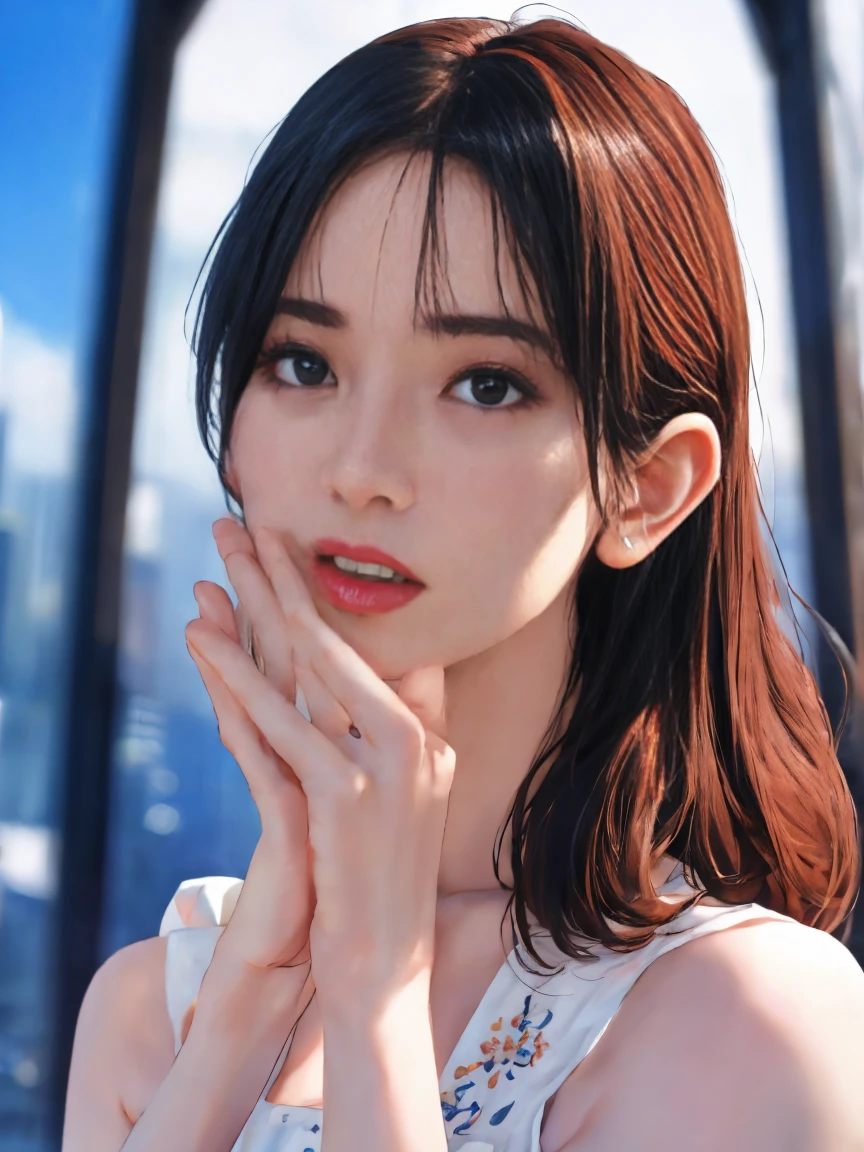 (best quality:1.4), (ultra highres:1.2), (photorealistic:1.4), (16k, RAW photo:1.2), (portrait shot:1.3), (realistic:1.3), ((1girl)), solo, ((pale skin:1.5)), ((fair skin:1.3)), ((porcelain skin:1.2)), medium hair, wavy hair, glossy black hair, light smile, puffy eyes, sparkling eyes, look at camera, (tense:1.3), (frown:1.2), (closed mouth), white bodycon T-shirt, (emphasize cleavage:1.3), (small breasts:1.3), midriff peak:1.1, denim short pants, beautiful thighs, standing, leaning forward, hands on knee, city, in front of a house, from above
