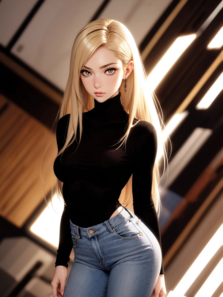 (best quality), 1girl, female, porcelain skin, blonde hair, straight hair, bangs, medium hair, swoopy tips, brown eyes, perfect eyes, black turtleneck, jeans, skinny body, petite, small bust, shy, masterpiece, anatomically correct, highres
