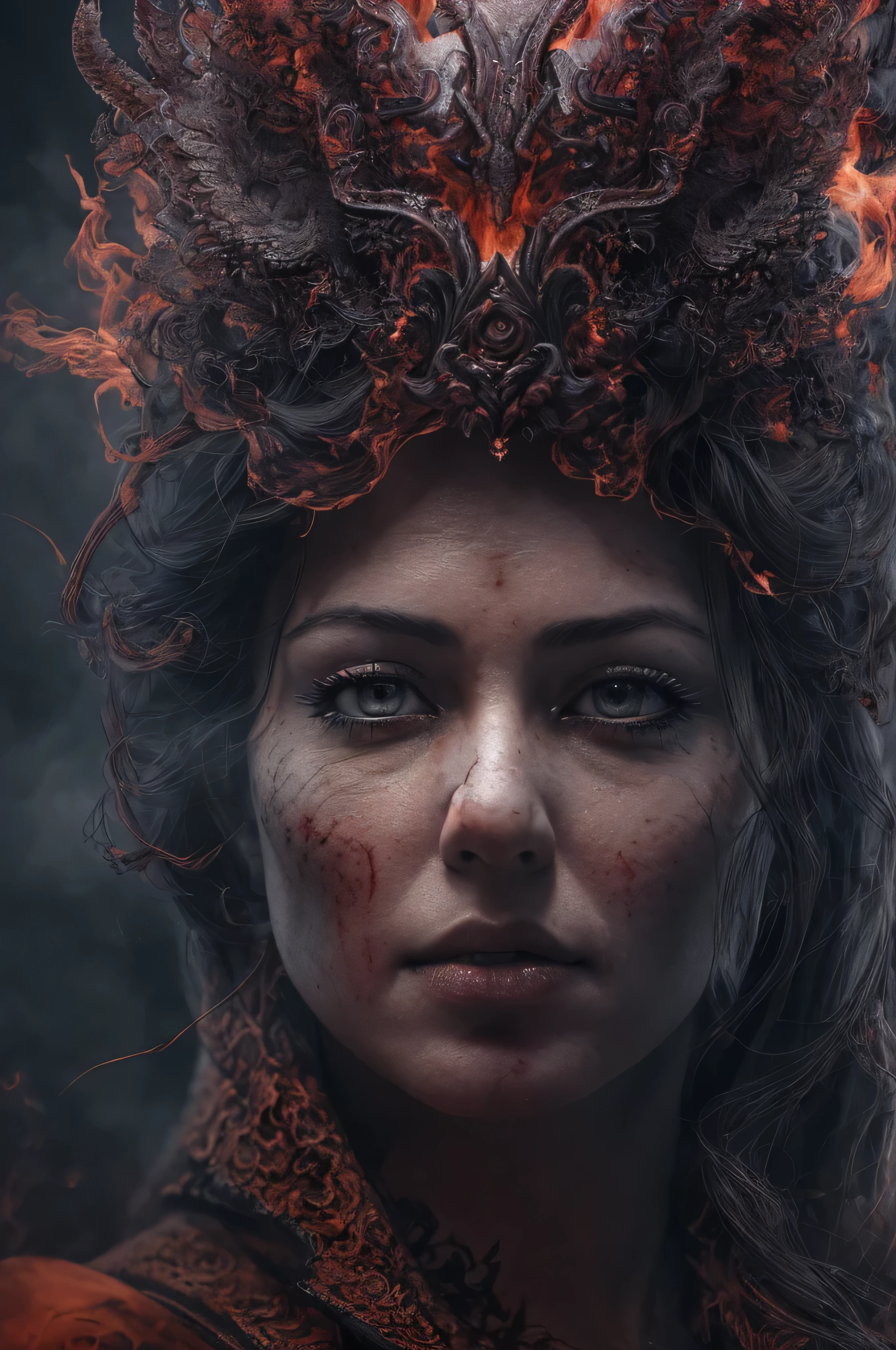 Pen and ink. Queen made of fire. (ultra-detailed, CG ,unity ,8k wallpaper),(masterpiece), (realistic), (photorealistic:1.2), (raw photo:1.2), (best quality:1.2), (detailed face :1.4), (beautiful detailed eyes :1.2), The character is surrounded by mist, evoking a mysterious and eerie atmosphere. The lighting is dark and atmospheric, with a red smoke adding a touch of sinister ambiance. The image is of the best quality, with a resolution of 4k and HDR enhancement, showcasing the utmost level of detail and realism, sfw, full body shot. View from above. (1woman), great composition, best quality, ultra high res, photorealistic,