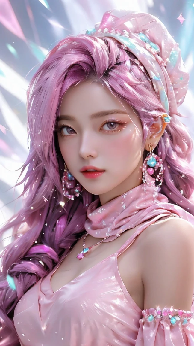 Highest quality, 1 girl, Damn, alone, On her head she wears a Muslim woman's headscarf, Her hair is hidden behind a scarf, pink and white clothes, View your viewers, Upper Body, Colorful sparkling crystals