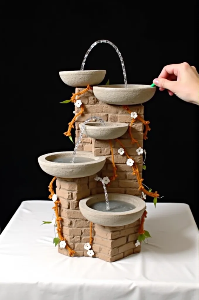 The image displays a tabletop water fountain crafted to resemble a multi-tiered structure with bowls or basins at different levels. It has a stone-like appearance with what looks like bricks or blocks comprising the main body. There's artificial ivy with orange-brown vines and white flowers threaded around the structure, adding to its decorative look. A person's hand is seen in the process of painting or applying details to the fountain, suggesting that this might be a crafting video or a demonstration of how to decorate such an item. The white table against a black background provides a stark contrast, further highlighting the fountain's details.