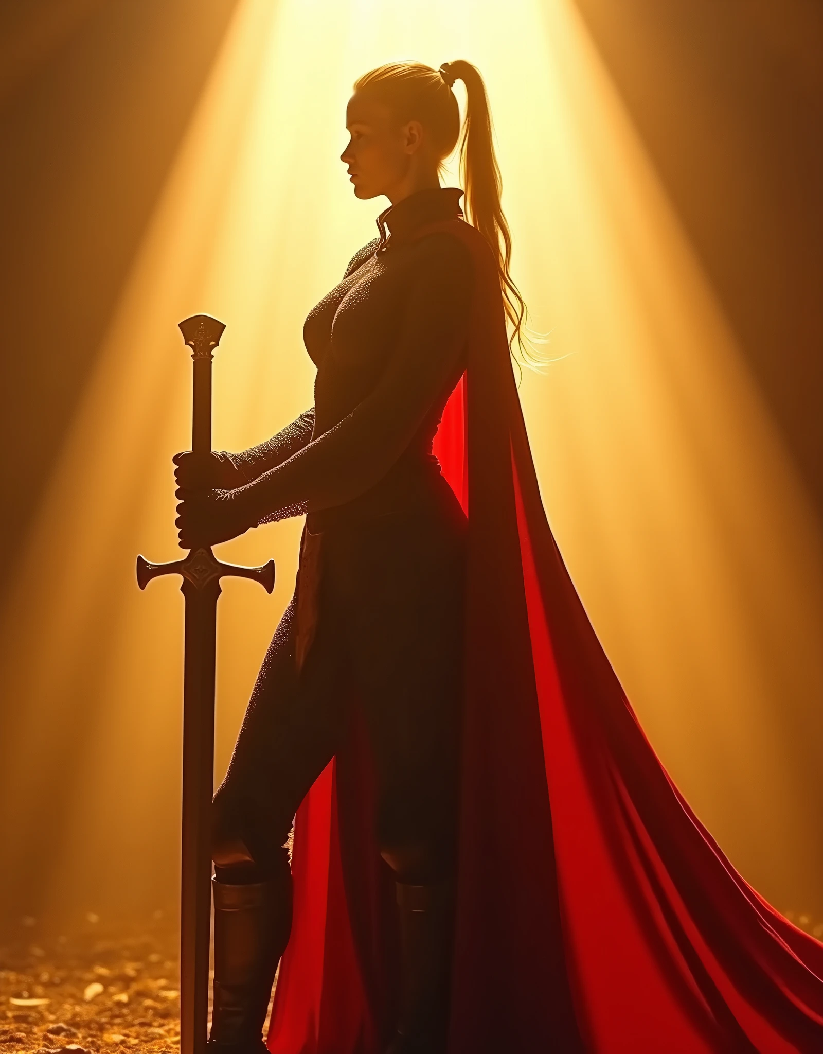 silhouette back lighting photography of a long hair high ponytail blonde female knight wearing chainmail holding long sword, she wearing red cloak, holy light, sun of dawn, cinematic lighting