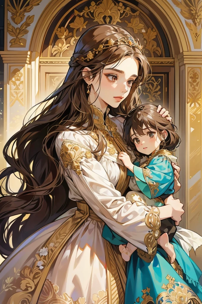 A petite young woman with a regal and noble presence, her long brown hair flowing gracefully around her. She has warm brown eyes, delicate freckles, and a sly, knowing smile. She is dressed in a medieval-style azure gown adorned with intricate golden floral embroidery, exuding elegance and grace. In her arms, she holds a small male child who closely resembles her, sharing her brown hair and gentle features. The scene is softly lit, highlighting their bond and royal demeanor while ensuring the image remains safe for work.