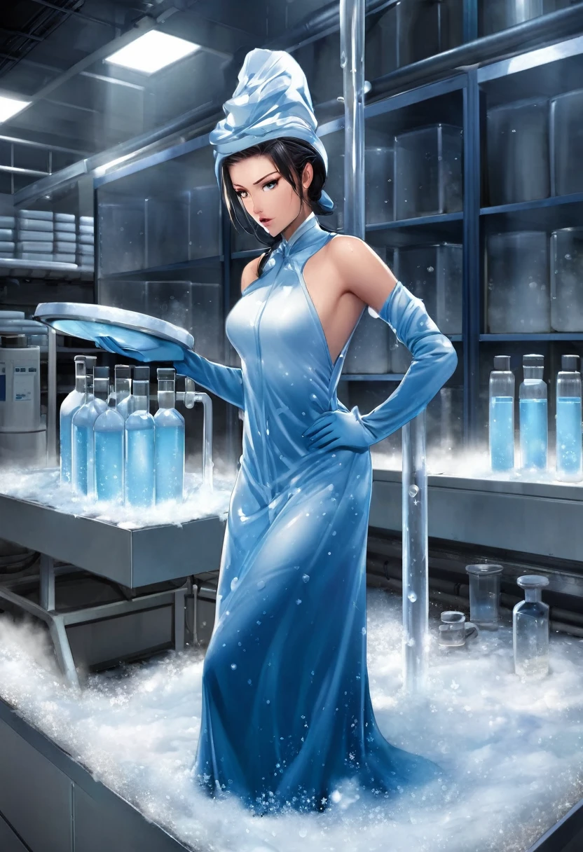 A liquid in a laboratory container, it remains liquid at sub-zero temperatures, she stands on a pedestal in a laboratory, sas looks like a cold storage