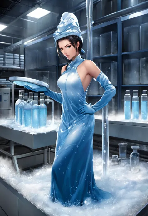 a liquid in a laboratory container, it remains liquid at sub-zero temperatures, she stands on a pedestal in a laboratory, sas lo...